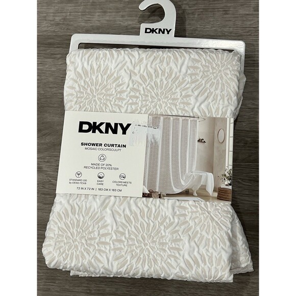 DKNY Mosaic Microsculpt White Beige Flower Fabric Shower Curtain 72” Lightweight - Picture 1 of 6